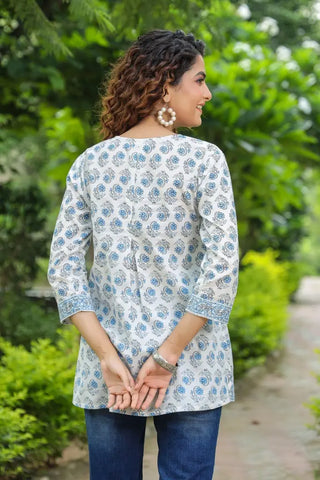 Women Blue and Off-White Printed A-Line Kurti