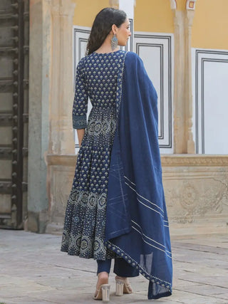 Women Panel Printed Navy Blue Anarkali Kurta With Trouser and Dupatta