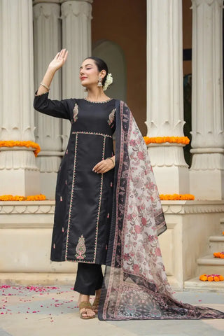 Black Embroidered Kurta Set With Printed Dupatta