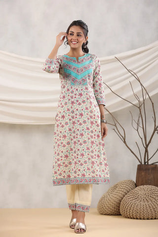 Women Cream and Pink Printed Sequinned Cotton Kurta with Trousers