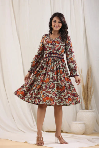 Women Printed Cotton Fit & Flare Knee Length Dress