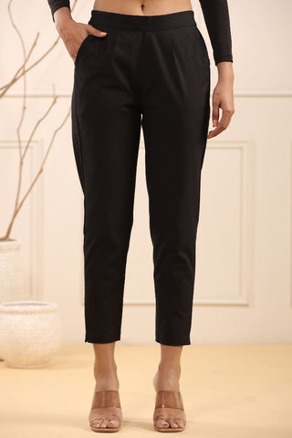 Stylish Black Cotton Pleated Cigarette Trousers