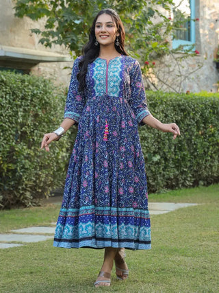 Women Blue Ethnic Motifs Printed Anarkali Kurta