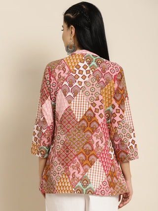 Women Peach & Yellow Abstract Printed Pure Cotton Kurti