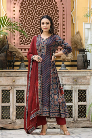 Women Blue Anarkali Cotton Printed Kurta Set