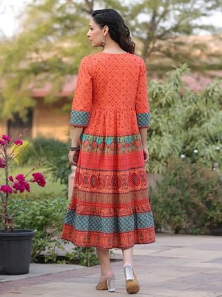 Women Orange Ethnic Motifs Printed Anarkali Kurta