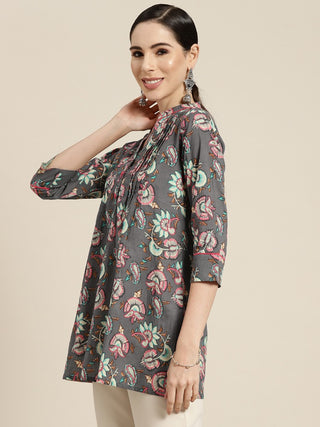 Women Grey Floral Printed Pure Cotton A line Kurti