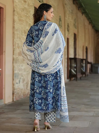 Women Indigo Blue Printed A-line Kurta With Hand Block Printed Dupatta and Printed Trouser