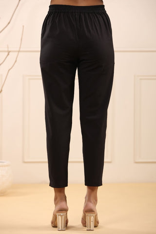 Stylish Black Cotton Pleated Cigarette Trousers