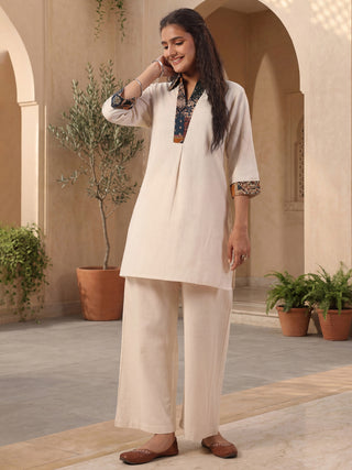 Womens Pure Cotton Floral Printed Shirt Collar Solid Tunic with Trousers