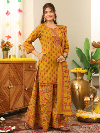 Mustard Yellow Floral Print Cotton Straight Kurta Set