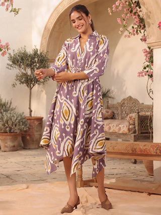 Womens Printed Shirt Collar Fit & Flare Ethnic Dresses