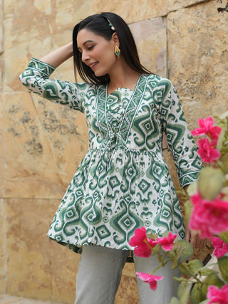 Women Green Ikat Printed Pure Cotton A-line Tops