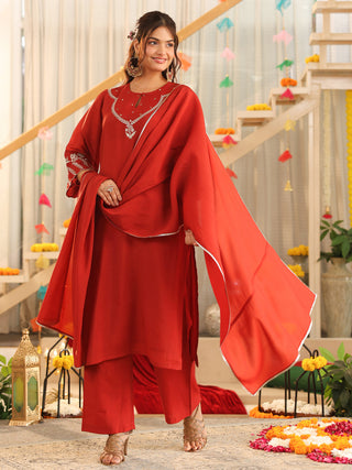 Rust Embroidered Mul Chanderi Straight Kurta Set with Dupatta