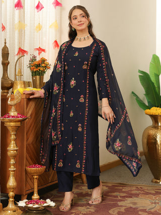Blue Embroidered Poly Silk Straight Kurta Set