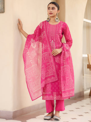 Pink Ethnic Motif Print 3-Piece Straight Kurta Set