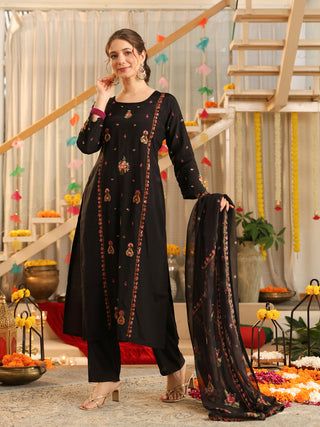 Black Embroidered Poly Silk Straight Kurta Set
