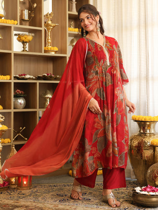 Maroon Floral Chanderi A-Line Kurta Set with Pocket