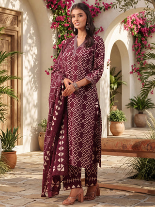 Wine Geometric Print Embroidered 3-Piece Straight Kurta Set