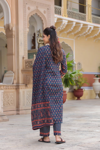 Women Ethnic Motifs Printed Pleated Pure Cotton Kurta with Trousers & With Dupatta