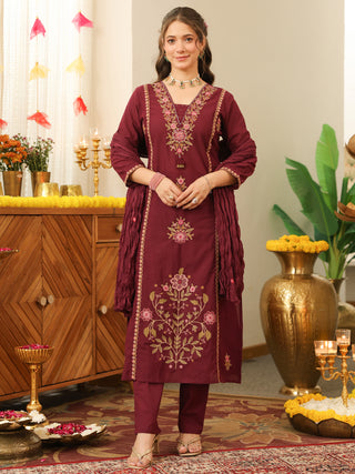Wine Floral Embroidered Cotton Straight Kurta Set