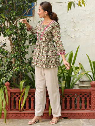 Green Ethnic Motif Print Peplum Top