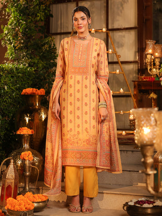 Yellow Panel Print Chanderi Straight Kurta Set With Pant Pocket