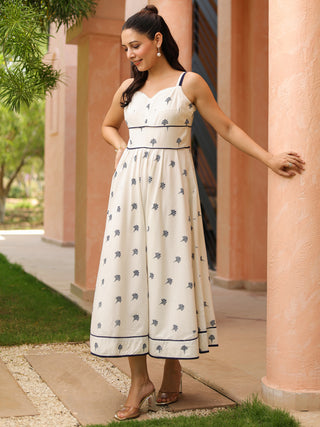 White Ethnic Motif Print Fit & Flare Dress