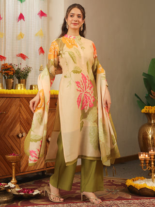 Cream Floral Straight Kurta Set with Pant Pocket