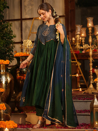 Bottle Green Embroidered Anarkali Kurta Set with Pocket