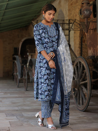 Women Navy Blue Floral Printed Pure Cotton Straight Kurta With Printed Trouser And Dupatta