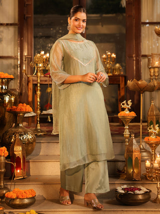 Dusty Blue Sequin Tissue A-Line Kurta Set with Pocket