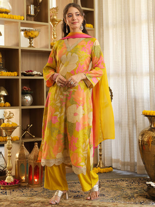 Lime Yellow Floral Print Straight Kurta Set with Pocket