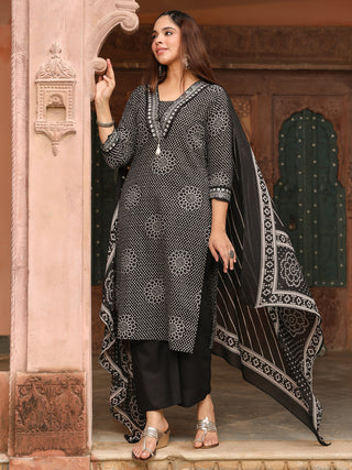Black Printed 3-Piece Straight Kurta Set
