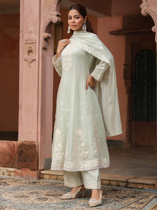 Mint Green Embroidered Lace 3-Piece Anarkali Kurta Set