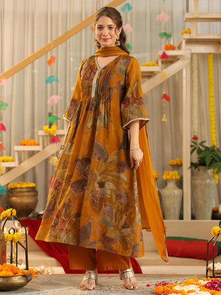Mustard Floral Chanderi A-Line Kurta Set with Pocket