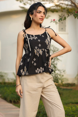 Black Abstract Print Fit & Flare Top