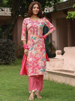 Pink Floral Embroidered 3-Piece Straight Kurta Set