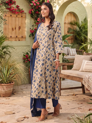 Beige Ethnic Motif Print Lace 3-Piece Kurta Set