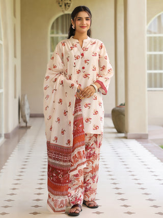Off White Ethnic Motif Print Lace 3-Piece A-Line Kurta Set