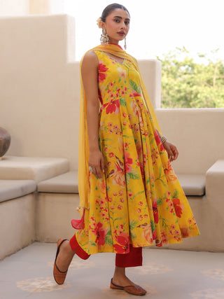 Yellow Floral Print Flared Anarkali Kurta Set