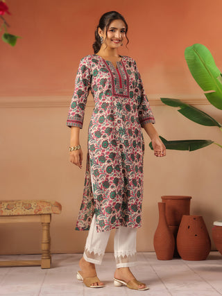 Green Floral Print Cotton Straight Kurta