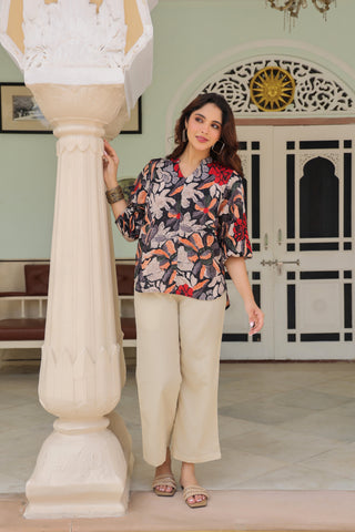 Printed Mandarin Collar Top & Trousers Co-Ords
