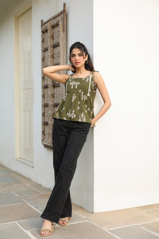 Green Abstract Print Fit & Flare Top