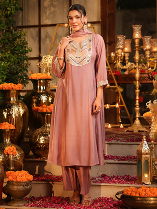 Mauve Embroidered Chanderi A-Line Kurta Set with Pocket