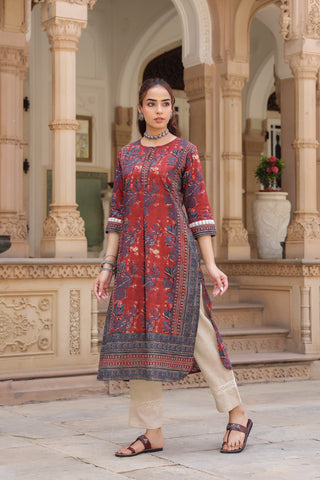 Women Floral Printed Thread Work Kurta