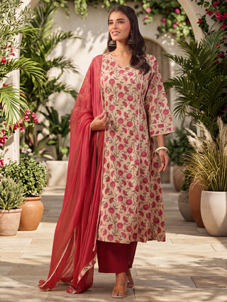 Beige Ethnic Motif Print Lace 3-Piece Kurta Set