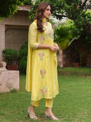 Yellow Floral Embroidered 3-Piece Anarkali Kurta Set