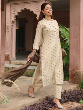 Beige Embroidered 3-Piece Straight Kurta Set