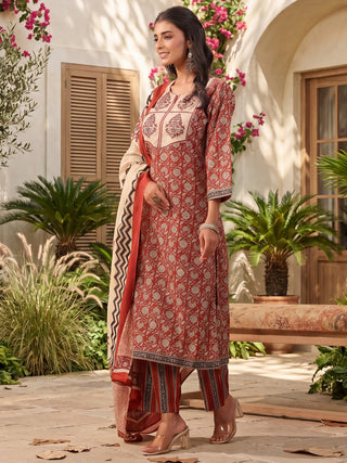 Maroon Printed Embroidered 3-Piece Kurta Set